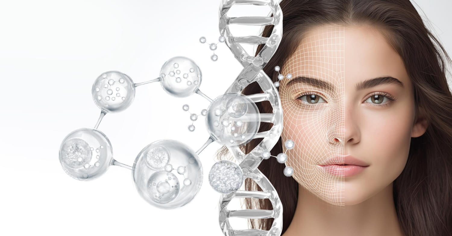 Conceptual illustration of a woman’s face with a facial grid, a DNA helix and molecular-style forms